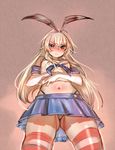  &gt;:( blonde_hair blush bow_(bhp) commentary_request elbow_gloves from_below frown gloves hairband kantai_collection long_hair navel panties shimakaze_(kantai_collection) skirt solo striped striped_legwear thighhighs underwear upskirt v-shaped_eyebrows 