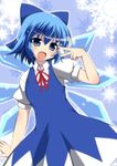  :d blue_dress blue_eyes blue_hair cirno dress fang ice ice_wings looking_at_viewer mahjong mahjong_tile masiromu open_mouth puffy_sleeves shirt short_sleeves smile solo touhou v wings 