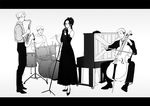  3boys band cello character_request dress drum drum_set elbow_gloves erwin_smith formal glasses gloves greyscale hange_zoe highres instrument levi_(shingeki_no_kyojin) mike_zakarius monochrome multiple_boys piano rakuko saxophone shingeki_no_kyojin suit 