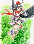  :3 alternate_costume black_hair black_wings hat hinanawi_tenshi implied_pantyshot kawachi_koorogi komeiji_koishi multiple_girls red_eyes shameimaru_aya short_hair skirt smile tokin_hat touhou wings 