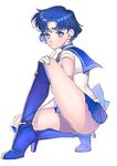  absurdres arutera back_bow bad_id bad_pixiv_id banned_artist bishoujo_senshi_sailor_moon blue_choker blue_eyes blue_footwear blue_hair blue_sailor_collar blue_skirt boots bow choker earrings elbow_gloves gloves high_heels highres jewelry knee_boots magical_girl mizuno_ami nape panties pantyshot pantyshot_(squatting) sailor_collar sailor_mercury sailor_senshi_uniform shoes short_hair skirt solo squatting tiara underwear white_gloves 