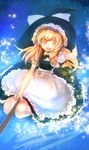  apron banned_artist black_dress blonde_hair bow broom broom_riding dress hand_on_headwear hat hat_bow kirisame_marisa kozou_(soumuden) long_hair open_mouth puffy_sleeves shirt short_sleeves smile solo star touhou waist_apron witch witch_hat yellow_eyes 
