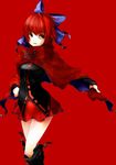  bad_id bad_pixiv_id blush boots bow breasts cape hair_bow highres jpeg_artifacts long_sleeves medium_breasts okakingyo red_background red_eyes red_hair sekibanki short_hair skirt smile solo touhou 