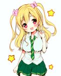  :d blonde_hair bow copyright_request fang hair_bow long_hair necktie open_mouth polka_dot polka_dot_bow red_eyes school_uniform skirt smile solo star two_side_up usashiro_mani v 