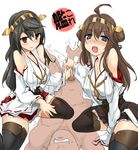  2girls admiral_(kantai_collection) black_hair black_legwear blue_hair blush brown_hair cum detached_sleeves ejaculation handjob haruna_(kantai_collection) hetero highres japanese_clothes kantai_collection kongou_(kantai_collection) long_hair momio multiple_girls open_mouth penis red_eyes shiny shiny_skin thighhighs 