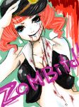  bad_id bad_pixiv_id bags_under_eyes bare_shoulders blood breasts cleavage diruchi_(zilch) eyeshadow hat large_breasts makeup midriff pixiv_punk_and_rock punk red_eyes red_hair salute sleeveless solo stitches twintails zombie 