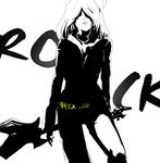  androgynous bad_id bad_pixiv_id electric_guitar greyscale guitar hair_over_eyes highres huge_ahoge instrument kurororoku long_hair monochrome pixiv_punk_and_rock punk solo 
