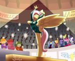  abstract_background anthro anthrofied applejack_(mlp) blonde_hair cloth clothing cowboy_hat cutie_mark equine eyes_closed female fluttershy_(mlp) friendship_is_magic group gymnastics hair hat horn horse leotard long_hair mammal multi-colored_hair my_little_pony pegasus pink_hair pinkie_pie_(mlp) pony rainbow_dash_(mlp) rainbow_hair rarity_(mlp) siden stretching twilight_sparkle_(mlp) unicorn wings 