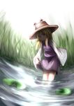  baram blonde_hair dress hat lily_pad moriya_suwako skirt skirt_lift solo standing touhou wading water 