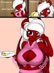  breast_expansion breasts cake chilly_pepper eating english_text equine female food hair horn kloudmutt looking_at_viewer mammal my_little_pony original_character red_eyes solo text tongue 