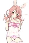  animal_ears blush bow brown_eyes bunny_ears chemise copyright_request garter_straps long_hair panties pink_bow pink_hair solo striped thighhighs underwear usashiro_mani vertical-striped_panties vertical_stripes 