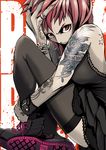 bare_shoulders black_dress black_legwear boots bracelet breasts dress eyeshadow frown jewelry jinbei leg_hug looking_at_viewer makeup medium_breasts pixiv_punk_and_rock punk red_eyes red_hair ring short_hair sitting solo tattoo thighhighs wristband 