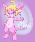  blonde_hair blue_eyes blush cat cub ear_piercing feline female flat_chested fur hair looking_at_viewer mammal miu_(stretchycubs) nipples nude open_mouth piercing pink_fur pussy solo stretchycubs text young 