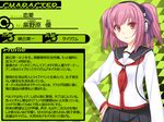  47agdragon character_profile hand_on_hip headphones original partially_translated persona pink_eyes pink_hair pleated_skirt school_uniform serafuku skirt solo translation_request two_side_up v-moda 