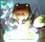  akaganeshaku apron bell book bug butterfly calligraphy_brush checkered chin_rest glasses glowing hair_bell hair_ornament insect motoori_kosuzu open_book orange_eyes orange_hair paintbrush pencil phonograph reading smile touhou two_side_up 