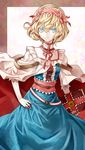  alice_margatroid banned_artist blonde_hair blue_dress blue_eyes book capelet dress embellished_costume grimoire grimoire_of_alice hairband hand_on_hip kozou_(soumuden) looking_at_viewer obi sash short_hair solo touhou 