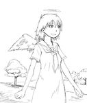  angel_wings greyscale haibane_renmei halo messy_hair monochrome naotan rakka sailor_collar short_hair tree wings 