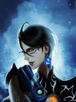  alternate_hair_length alternate_hairstyle bayonetta bayonetta_(character) bayonetta_2 black_hair blue chin_stroking commentary_request glasses gloves gun lips looking_at_viewer makeup md5_mismatch mole mole_under_mouth short_hair smile solo weapon wolfina 