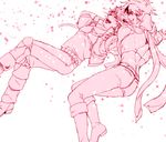  bad_id bad_pixiv_id boots bow caesar_anthonio_zeppeli crop_top fingerless_gloves gloves headband jojo_no_kimyou_na_bouken joseph_joestar_(young) midriff monochrome multiple_boys pink scarf te_ru_ya 