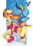  apple_bloom_(mlp) applejack_(mlp) blonde_hair blue_fur bow cowboy_hat cub equine female feral friendship_is_magic fur green_eyes group hair hat horse mammal moeinu multi-colored_hair my_little_pony orange_fur pegasus pony purple_eyes rainbow_dash_(mlp) rainbow_hair red_hair wings young 