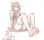  barefoot bloomers blush boots dress feet full_body hat highres kuro_suto_sukii letty_whiterock monochrome short_hair simple_background sitting sketch soles solo sweatdrop toe_scrunch toes touhou underwear white_background 