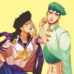  1girl black_hair blush bteele earrings genderswap genderswap_(mtf) green_eyes green_hair headband higashikata_jousuke jewelry jojo_no_kimyou_na_bouken kishibe_rohan pompadour school_uniform serafuku 