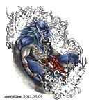  2011 abs belt biceps big_muscles black_nose blue_fur blue_hair canine clothing duga fur hair loincloth looking_at_viewer male mammal muscles pecs pose shining_(series) shining_force shining_force_exa sitting solo sourou_cerulean_wolf topless unknown_artist video_games wolf yellow_eyes 