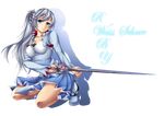  blue_eyes boots character_name copyright_name dress fi-san full_body hair_ornament highres holding holding_sword holding_weapon kneeling long_hair myrtenaster ponytail rapier rwby scar smile solo sword transparent_background weapon weiss_schnee white_hair 