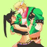  1girl black_hair blonde_hair blush bteele caesar_anthonio_zeppeli crop_top dancing facial_mark feathers fingerless_gloves genderswap genderswap_(mtf) gloves green_eyes green_jacket hair_feathers headband high_ponytail jacket jojo_no_kimyou_na_bouken joseph_joestar_(young) midriff mouth_hold ponytail red_stone_of_aja sleeveless sleeveless_turtleneck turtleneck 