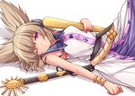  belt bracelet brown_hair hasu_(hk_works) jewelry looking_at_viewer lying on_back purple_eyes ritual_baton scabbard sheath short_hair smile solo sword touhou toyosatomimi_no_miko weapon 