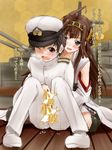  1girl admiral_(kantai_collection) battleship blush brown_hair censored check_translation highres kantai_collection kongou_(kantai_collection) long_hair military military_uniform military_vehicle novelty_censor open_mouth reach-around ship smile thighhighs translation_request tsukineko uniform warship watercraft wince 