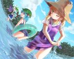  ass bad_id bad_pixiv_id blonde_hair blue_eyes blue_hair bow chikamichi_(ssssgirl) cirno cloud daiyousei day dress dutch_angle fairy_wings green_hair hair_bobbles hair_bow hair_ornament hat kawashiro_nitori lake moriya_suwako multiple_girls one-piece_swimsuit one_eye_closed school_swimsuit short_hair side_ponytail skirt sky swimsuit touhou two_side_up wading wings wringing_clothes wringing_skirt yellow_eyes 