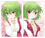  ascot bad_id bad_pixiv_id between_breasts blood bloody_hands blush breast_squeeze breasts dual_persona english green_hair hammer_(sunset_beach) kazami_yuuka large_breasts looking_at_viewer open_clothes open_mouth open_vest red_eyes shaded_face shirt short_hair slit_pupils smile solo tareme touhou tsurime upper_body v_arms vest 