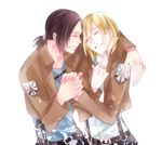  belt blonde_hair brown_hair christa_renz emblem freckles grin holding_hands jacket multiple_girls paradis_military_uniform ponytail shingeki_no_kyojin short_hair smile tears training_corps_(emblem) ymir_(shingeki_no_kyojin) yomimatigai 