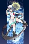  anchor aqua_eyes black_hair dress full_moon hat highres looking_at_viewer midriff misyagu moon murasa_minamitsu navel neckerchief night ocean sailor_dress sailor_hat shirt short_hair short_sleeves shorts sky solo star_(sky) starry_sky touhou 