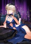  arm_support artoria_pendragon_(all) artoria_pendragon_(swimsuit_rider_alter) blue_choker blue_dress blue_gloves blush braid breasts choker cleavage coat curtains dress fate/grand_order fate_(series) gloves hair_between_eyes halter_dress ice_(ice_aptx) jacket_on_shoulders lace lace_choker lying medium_breasts navel navel_cutout on_side pillow revealing_clothes side_slit silver_hair smile solo string_panties thighs tiara yellow_eyes 