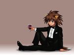  animal_ears bow bowtie brown_eyes brown_hair cup dark_skin dark_skinned_male dog_ears dog_tail drinking_glass formal inugami_kotarou mahou_sensei_negima! male_focus ren_ka sitting smile solo spiked_hair suit tail wine_glass 