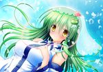  blue_background blush breasts detached_sleeves frog_hair_ornament green_hair hair_ornament hair_tubes hand_on_own_chest kochiya_sanae large_breasts long_hair osashin_(osada) petals red_string ribbon smile snake_hair_ornament solo string touhou veil yellow_eyes 