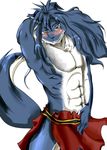  abs anthro arms_behind_head belt biceps big_muscles black_nose blue_fur blue_hair blush canine chest_tuft clothing duga flexing fur grin hair looking_at_viewer male mammal muscles pecs plain_background pose shining_(series) shining_force shining_force_exa smile solo sourou_cerulean_wolf standing topless tuft unknown_artist video_games white_background wolf yellow_eyes 