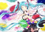  bare_shoulders black_legwear blurry domotolain green_hair grin hatsune_miku headset long_hair nail_polish one_eye_closed pink_eyes pointing smile solo tell_your_world_(vocaloid) thighhighs twintails vocaloid 