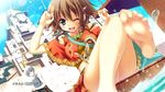  1girl ;d amy_(suisei_no_gargantia) animal artist_name bare_shoulders barefoot braid brown_hair building day dutch_angle end_card feet fringe_trim green_eyes highres izumi_tsubasu ledo_(suisei_no_gargantia) lens_flare midriff one_eye_closed open_mouth purple_eyes short_hair silver_hair sitting sky smile soles splashing squirrel suisei_no_gargantia thighhighs toes twin_braids water 