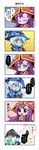  1girl 4koma animal_ears blush chinese comic eating food green_eyes haagen-dazs hat highres ice_cream league_of_legends lulu_(league_of_legends) purple_hair scar spoon spoon_in_mouth tea tears translated veigar white_hair xerath yan531 yellow_eyes yordle 