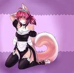  abstract_background arm_behind_head avoid_posting bell blush bow breasts cat claws cleavage clothed clothing collar conditional_dnp feline female fur green_eyes hair hindpaw kneeling legwear long_hair looking_at_viewer maid maid_uniform mammal mrawl orange_fur paws pink_nose red_hair solo stockings toeless_socks white_fur 