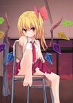  bare_arms bare_legs bare_shoulders barefoot chair curtains feet_on_chair flandre_scarlet hair_ribbon indoors leg_up looking_at_viewer necktie no_panties noa_(nagareboshi) red_eyes ribbon shirt side_ponytail sitting skirt skirt_lift sleeveless sleeveless_shirt solo toes touhou window wings 