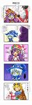  2girls 4koma ? alternate_hairstyle black_hair blonde_hair chinese comic ezreal green_eyes hat heterochromia highres league_of_legends lulu_(league_of_legends) multiple_boys multiple_girls purple_eyes purple_hair shauna_vayne sweatdrop translated veigar white_hair yan531 yellow_eyes yordle 