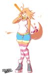  canine clothing dog female front fur hand_on_face legwear lionalliance looking_at_viewer mammal plain_background playful shirt shoes shorts smile solo standing stockings striped_stockings thigh_highs white_background wide_hips yellow_fur 