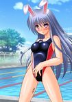  :&gt; animal_ears ass_visible_through_thighs blue_hair blush breasts bunny_ears competition_swimsuit covered_nipples day heart heart-shaped_pupils impossible_clothes impossible_swimsuit lane_line lifeguard_chair long_hair medium_breasts naughty_face one-piece_swimsuit onna_kishi_no_shiro outdoors pool poolside purple_eyes reisen_udongein_inaba smile solo spread_legs standing swimsuit symbol-shaped_pupils tally touhou wet 