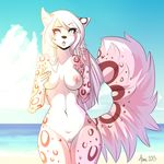  aimi areola black_nose breasts cloud feline female fur grey_eyes hair heterochromia leopard long_hair mammal navel nipples nude open_mouth outside pink_fur purple_eyes pussy sea sky solo spots standing thighs water white_fur white_hair wide_hips yuki_thessia 
