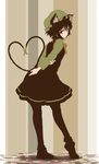  animal_ears arms_behind_back brown_eyes brown_hair cat_ears cat_tail chen earrings hat heart heart_tail highres jewelry kachayori looking_back multiple_tails nekomata pantyhose shoes short_hair single_earring smile solo striped striped_background tail touhou 
