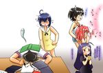  4girls ahoge akashi_yuuna ayase_yue bare_shoulders blush book book_on_head brown_hair dress full-face_blush green_eyes hair_ribbon highres hoshikawa_tsukimi inkblot juice_box long_hair low-tied_long_hair mahou_sensei_negima! miyazaki_nodoka multiple_girls object_on_head pink_hair purple_eyes purple_hair ribbon sasaki_makie short_dress short_twintails side_ponytail smack tank_top translated twintails 